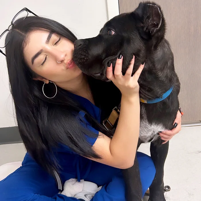 Emily playfully holding and kissing a large black dog.